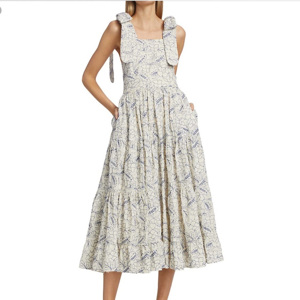 Mille Daphne Midi Dress Size L Women Feminine Boho Tie Shoulder Floral Cotton